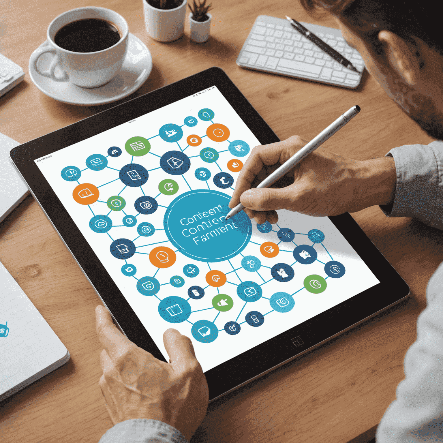 Una persona che scrive su un tablet con icone di diversi formati di contenuto che fluttuano intorno
